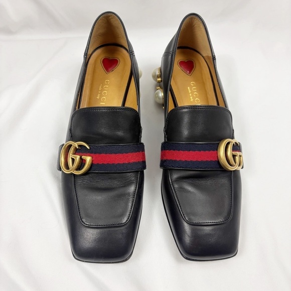 Gucci Peyton GG Pearl Block Heel Square Toe Loafers Black EU 36.5 - Picture 4 of 11